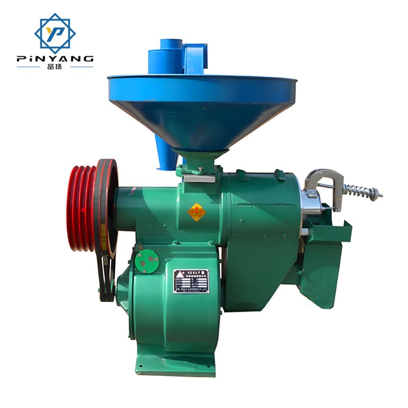 N-series rice mill configuration example with feed hopper, milling chamber and drive pulley